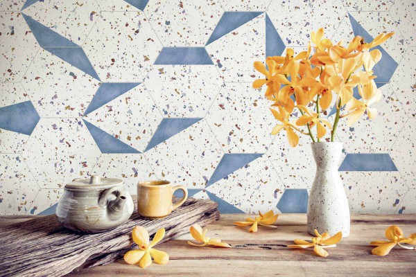 stracciatella porcelánico hexagonal efecto terrazo aparici